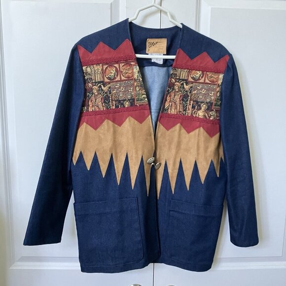 Judy Joannou Blazer Womens M Denim Handmade Tapestry Castlecore Medieval 80s - Picture 1 of 9